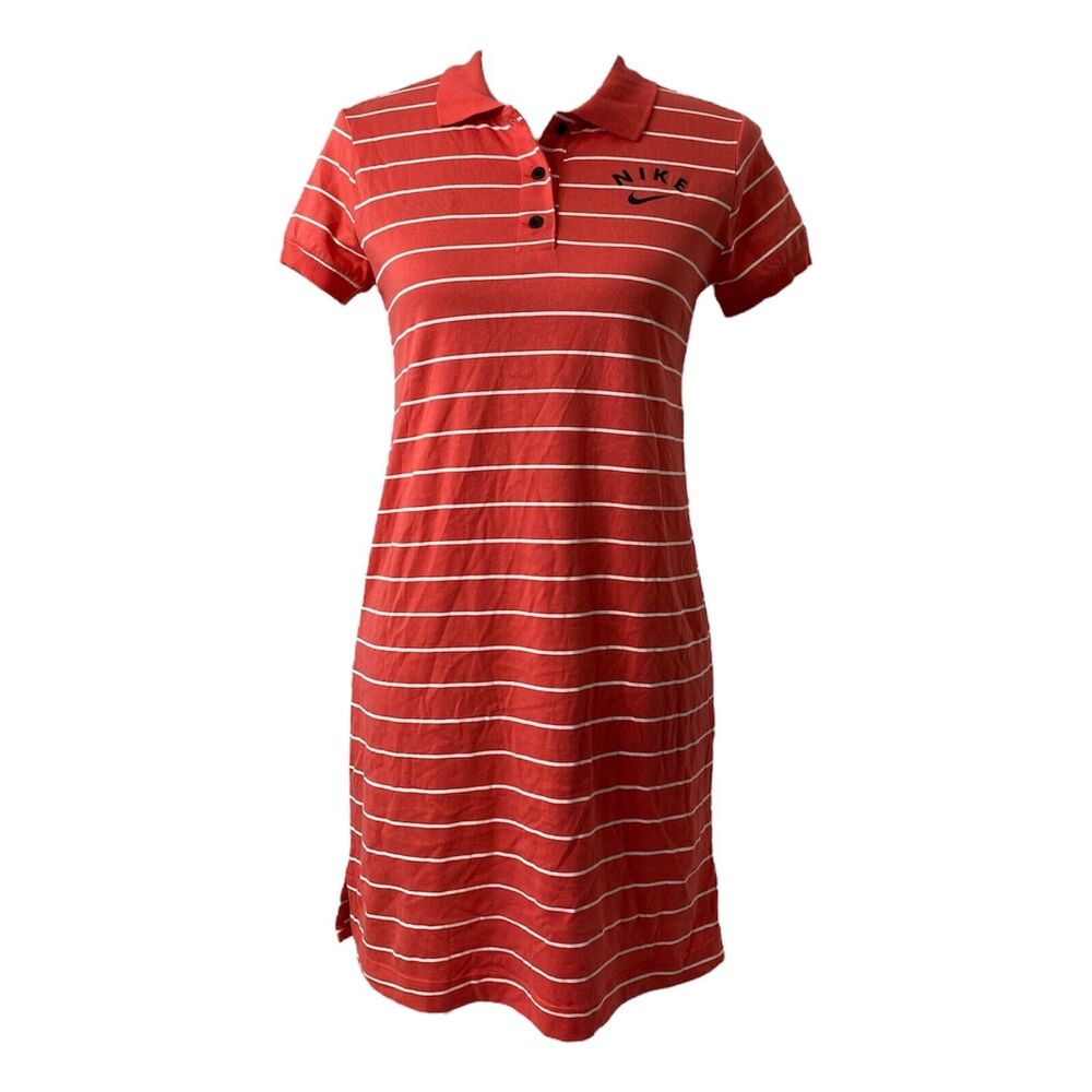 Girls Large Polo Shirt Dress Nike Red and White Striped Short Sleeve Knee Length